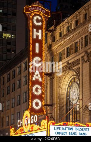 Iconic neon sign of Chicago Theatre, Chicago, Illinois, USA Stock Photo