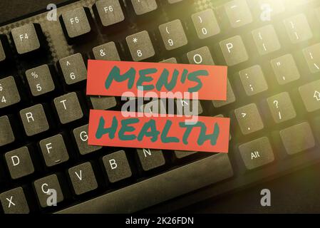 Inspiration showing sign Men S Health. Word for men s is state of complete physical, mental, and social wellbeing Inputting Important Informations Online, Typing Funny Internet Blog Stock Photo