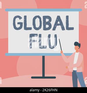 Hand writing sign Global Flu. Business overview Common communicable illness spreading over the worldwide fastly Teacher In Jacket Drawing Standing Pointing Stick At Whiteboard. Stock Photo