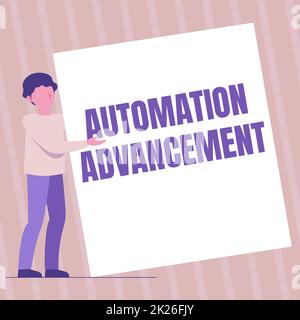 Writing displaying text Automation Advancement. Business concept growth use of control systems for operating equipment Man Standing Drawing Holding Presenting Huge Blank Paper. Stock Photo