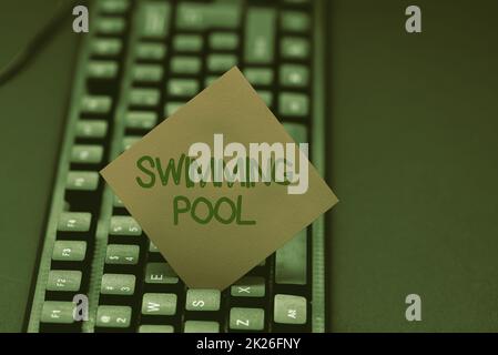 Inspiration showing sign Swimming Pool. Business showcase Structure designed to hold water for leisure activities Typing Program Schedule, Retyping And Debugging Program String Codes Stock Photo