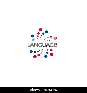 Language education school logo, blue red dot fireworks festival event birthday abstract icon, vector emblem. Stock Photo