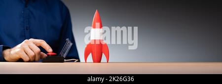 Red Rocket Start And Launch Button For Career Stock Photo