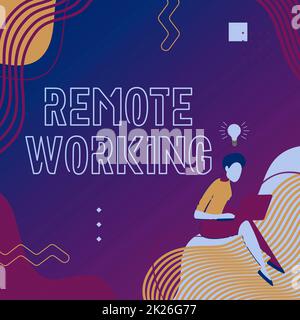 Text caption presenting Remote Working. Internet Concept style that allows professionals to work outside of an office Woman Sitting With Laptop Actively Accomplishing Work From New Thoughts. Stock Photo