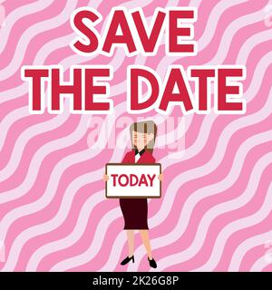 Conceptual display Save The Date. Conceptual photo Organizing events well make day special event organizers Beautiful Lady Standing Holding Whiteboard Presenting New Announcement. Stock Photo