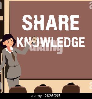 Hand writing sign Share Knowledge. Word Written on activity through which knowledge is exchanged among showing Woman Holding Remote Control Presenting Newest Ideas On Backdrop Screen. Stock Photo