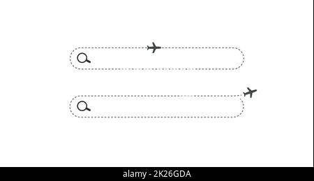 Search bar. Horizontal field with magnifying glass and airplane icons. Simple flat searching button design for aviation, networking technology, web ui, internet, holiday trip. Stock Photo