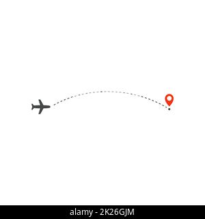 Plane way icon, airplane arc path line direction and destination red ...