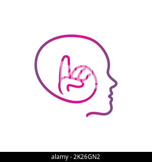 Isolated pink vector human head silhouette logo. Forefinger image. Creative brain. Intelligent person symbol. Smart man. Headphones illustration. Musical label. Walkman emblem. Radio sign. Stock Photo