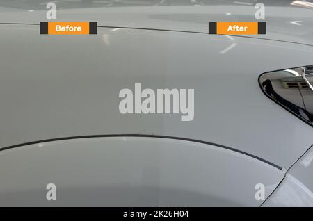 before and after car polishing process process. Car detailing. Stock Photo