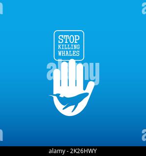 Isolated blue whale in white hand vector logo. World whales' day. Save mammals. Stop killing whales. Help symbol. Volunteering icon. International day.Protect nature. Ocean creature silhouette. Stock Photo
