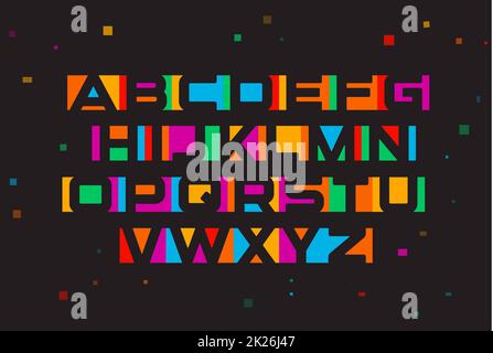 Colored vector font. Geometric negative space alphabet. Colorful letters on black background with geometric confetti. Stock Photo