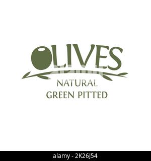 Olives branch with leaves vector emblem template. Natural Green pitted olive, simple logotype design, isolated illustration on white background Stock Photo