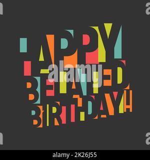 Greeting card for birthday. Colorful letters and confetti on black background. Happy birthday Congrats vector illustration. Negative space lettering design. Stock Photo