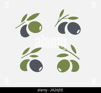 Olive logo set. Black ripe and green olive branch with leaves. Gourmet food emblems. Simple logotype design. Stock Photo