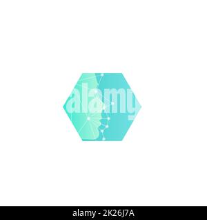 Research of human mimics, new technologies of the future abstract vector logo template. Face Scan with Grid. Turquoise hexagon shape. Stock Photo