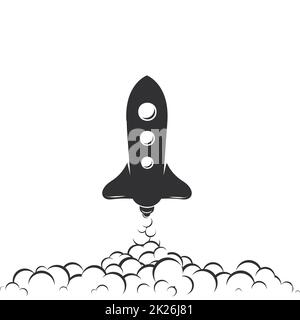 Rocket flying up icon. Black ship launch. Innovation product logo. Business aspiration strategy vector illustration on white background. Stock Photo