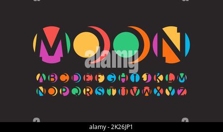 Abstract art alphabet. Negative space letters design. Pieces of circles. Colorful font. Vector typeset on black background. Stock Photo