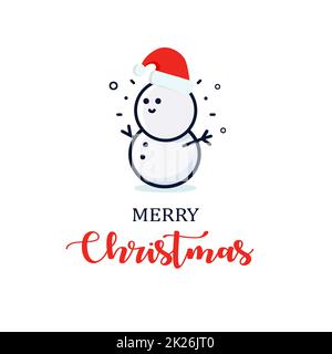 Cute snowman in a New Year hat. Christmas character illustration. New year vector minimalistic logo. Stock Photo