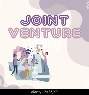 Text sign showing Joint Venture. Conceptual photo business partnership invested jointly by two or more companies Three Collagues Illustration Practicing Hand Crafts Together. Stock Photo