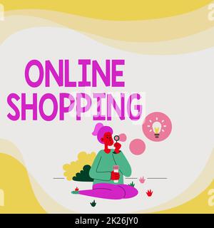 Writing displaying text Online Shopping. Business concept consumers directly buy goods from a seller over the Internet Lady Sitting In Park Blowing Balloons Thinking Of New Thoughts With Idea Lamp. Stock Photo