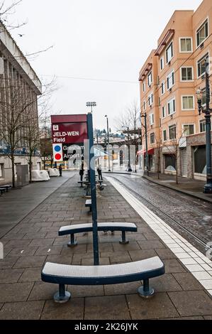 Waiting area for light rail on SW Morrison in Portland, Oregon. Stock Photo