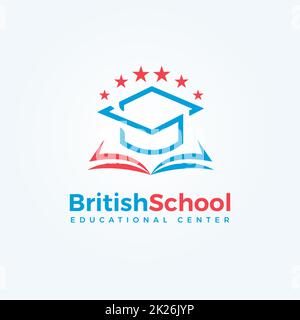 British School logo. Open book and graduation cap icon. Knowledge and education symbol. University, Library and bookstore logotype template. Vector illustration Stock Photo