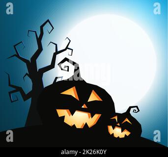 Pumpkins silhouette with dry tree on dark blue sky background with full moon light, vector illustration. Happy holiday banner template with text place. Stock Photo