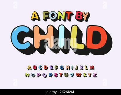 Child alphabet color abc playful font with contour for comic art type, kids zone text, toy logo, children birthday headline, cartoon lettering, kid game branding and merch, baby education letters Stock Photo