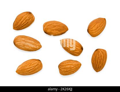 Almonds isolated on white background. Top view. Stock Photo