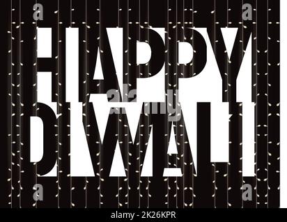 Happy Diwali vector banner, white text on black background with little lights. Diwali poster, negative space letters. Stock Photo