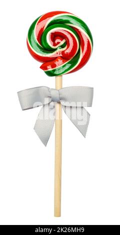 Red and Green Peppermint Lollipop Cut Out on White. Stock Photo