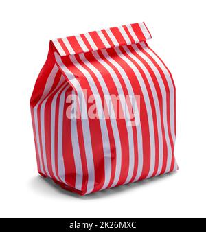 Red and White Striped Paper Bag Cut Out On White. Stock Photo