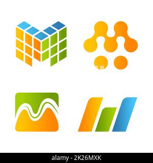 Isolated abstract blue, orange and green color stylized letter m logo collection, alphabet element logotype set vector illustration Stock Photo