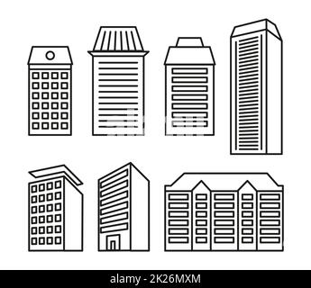 Isolated black and white color blocks of flats and low-rise houses in lineart style icons collection, elements of urban architectural buildings vector illustrations set. Stock Photo