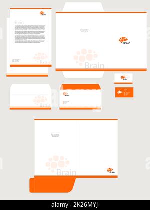 Business corporate identity set isolated vector template, white background. Orange color brain logo. Card, blank, folder, envelope. Stock Photo