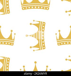 Wrapping golden sea,less pattern. Color crowns logo on white background, luxury royal sign vector texture. Stock Photo