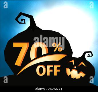 Pumpkin silhouette on dark blue sky with full moon. Halloween 70 percent off, sale banner. Holiday offer, autumn discount vector illustration. Stock Photo