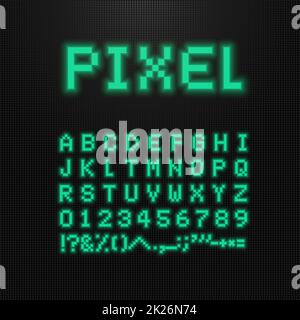 Pixel font, vector letters, numbers and signs on old computer led display. 8 bit video game typeface. Retro digital abc. Green points letters on black background. Stock Photo