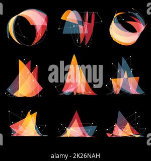 Isolated abstract pink color different shape logos of triangles set, geometric elements,low poly style with dots on black background vector illustration Stock Photo