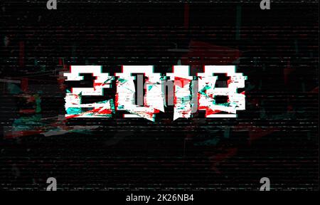 Happy new 2018 year baner ob black glitch background. Glitch effect vector illustration. Stock Photo