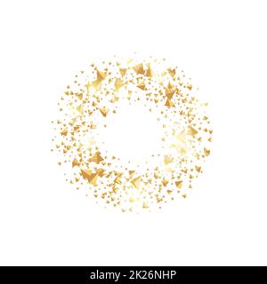 Isolated abstract golden circle logo. Round shiny luxurious brilliant triangles logotype. Glittering star dust icon. Festive glossy christmas wreath. Vector confetti illustration on white background. Stock Photo