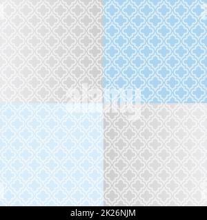 Isolated abstract blue and purple color backgrounds set. Cross in rhombus pattern collection. Seamless texture. Interior design elements. Old fashioned wallpaper. Tile decoration. Vector illustration. Stock Photo