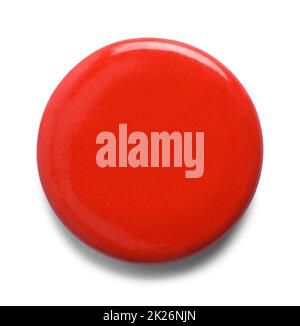 Round Red Pin Button Cut Out on White. Stock Photo