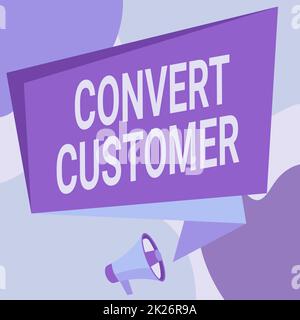 Hand writing sign Convert Customer. Business showcase marketing tactics and strategy turning leads into buyer Megaphone Drawing Speaking To Chat Box Making Announcement. Stock Photo