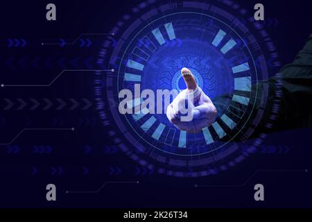 technological abstract background with pie charts and male hand on a dark blue background. The concept of innovation, processing and storage of data on the Internet Stock Photo