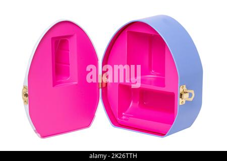 Closeup of an opened empty decorative blue cosmetic box or gift box with two compartments isolated on a white background. Macro. Stock Photo