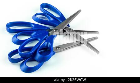 set of new blue paper scissors isolated on a white background Stock Photo