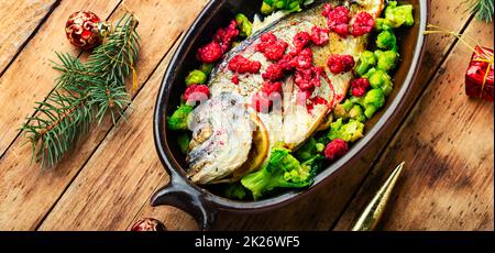 Festive baked fish. Stock Photo