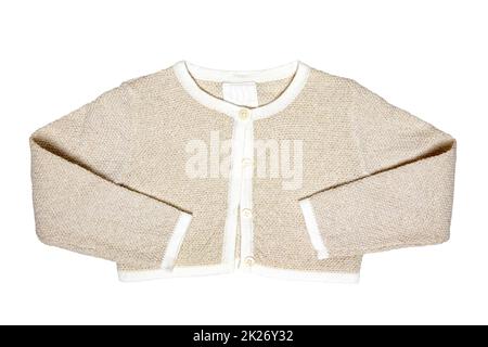 Closeup of a beige short bolero jacket or vest for a festive dress of little girl isolated on a white background. Clipping path. Stock Photo